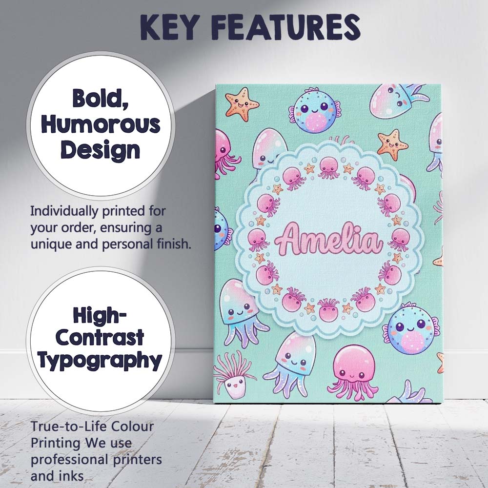 Personalised Name Kawaii Jellyfish Puffer Custom  Unique Gift Idea Elegant Feature Canvas Wall Art Print Decor Picture Ready to Hang