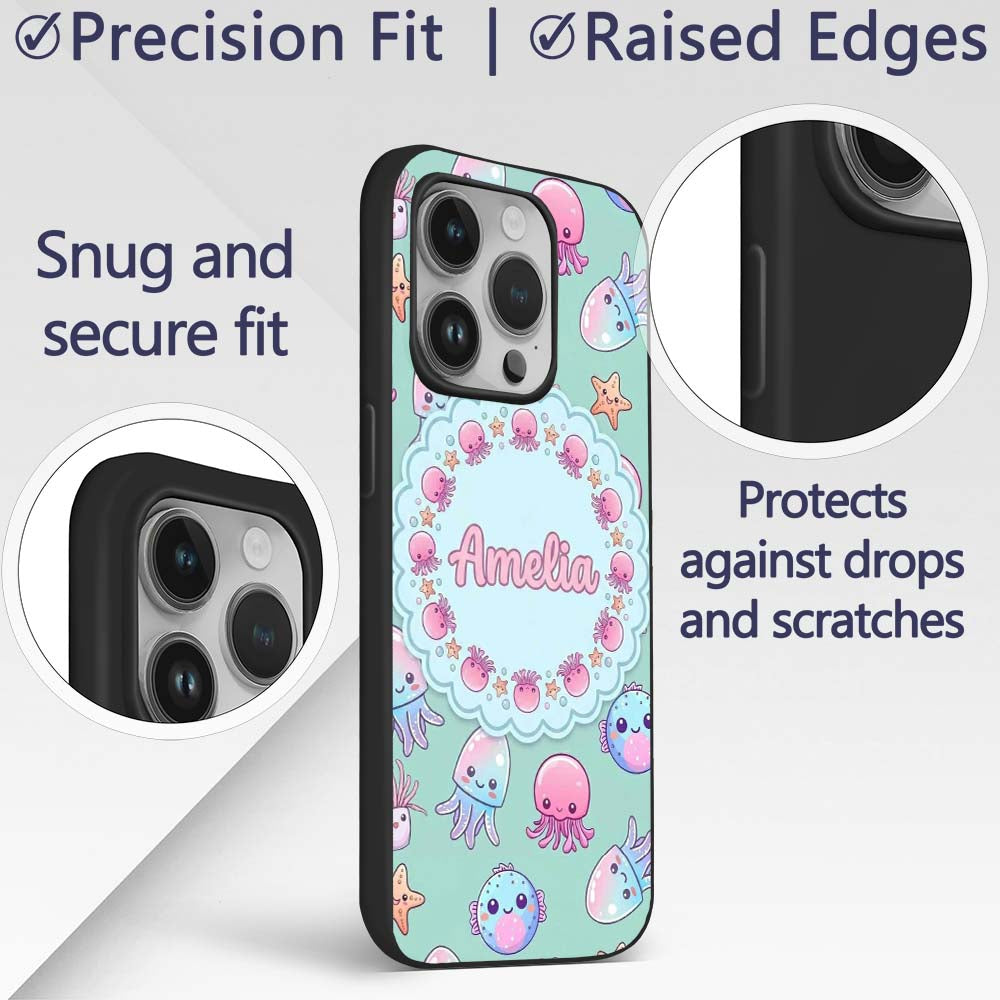 Kawaii Jellyfish Puffer Fish Starfish Pastel Custom Name Protective Phone Case Mobile Cover Durable Everyday Smartphone Shock Resistant