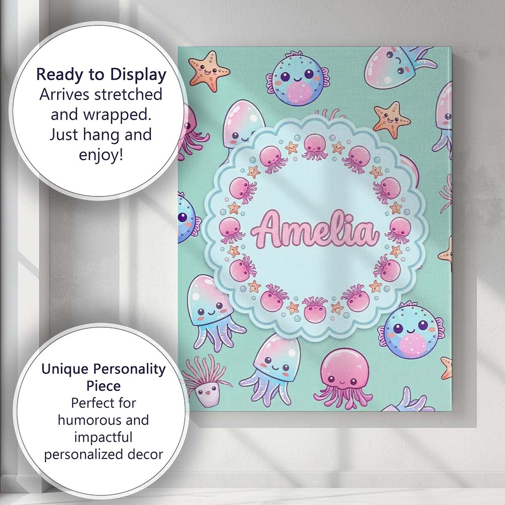 Personalised Name Kawaii Jellyfish Puffer Custom  Unique Gift Idea Elegant Feature Canvas Wall Art Print Decor Picture Ready to Hang