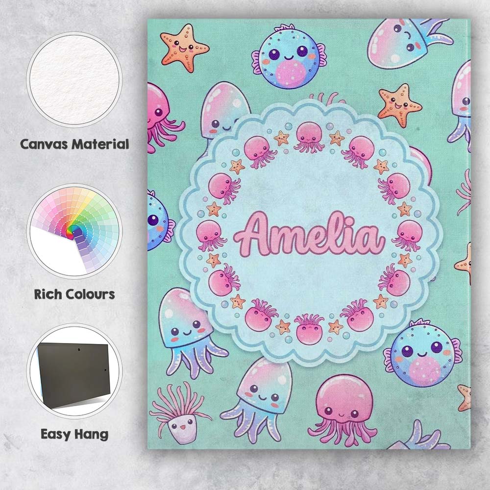Personalised Name Kawaii Jellyfish Puffer Custom  Unique Gift Idea Elegant Feature Canvas Wall Art Print Decor Picture Ready to Hang
