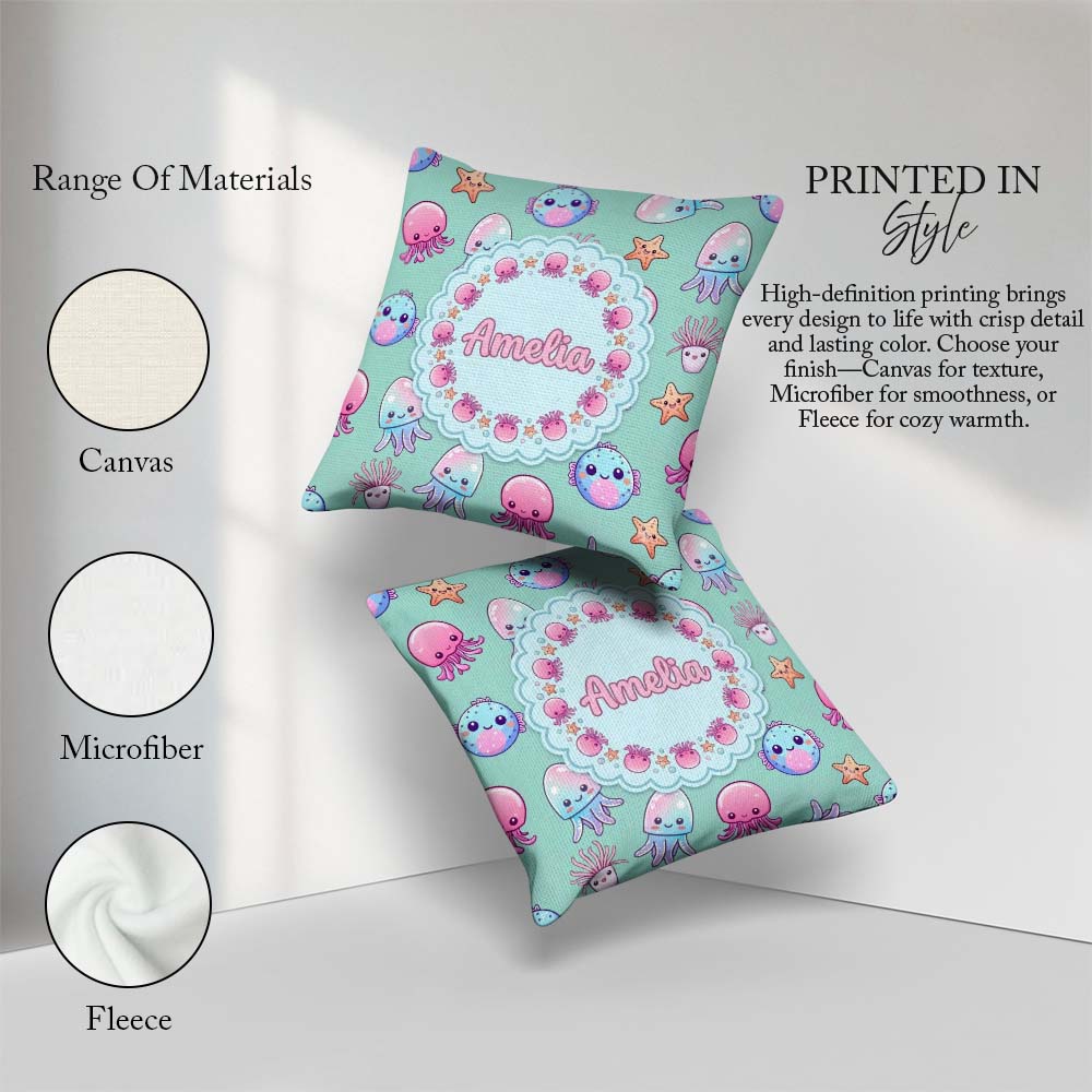 Custom Name Kawaii Jellyfish Puffer Fish Starfish Creatures Mint Square Filled Cushion Throw Pillow Sofa Bed Home Decor Zip Washable UK Made