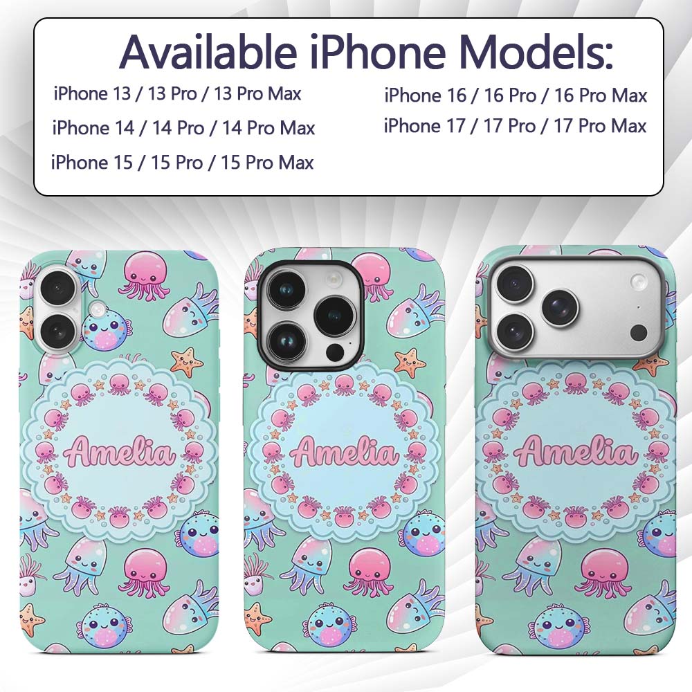 Kawaii Jellyfish Puffer Fish Starfish Pastel Custom Name Protective Phone Case Mobile Cover Durable Everyday Smartphone Shock Resistant
