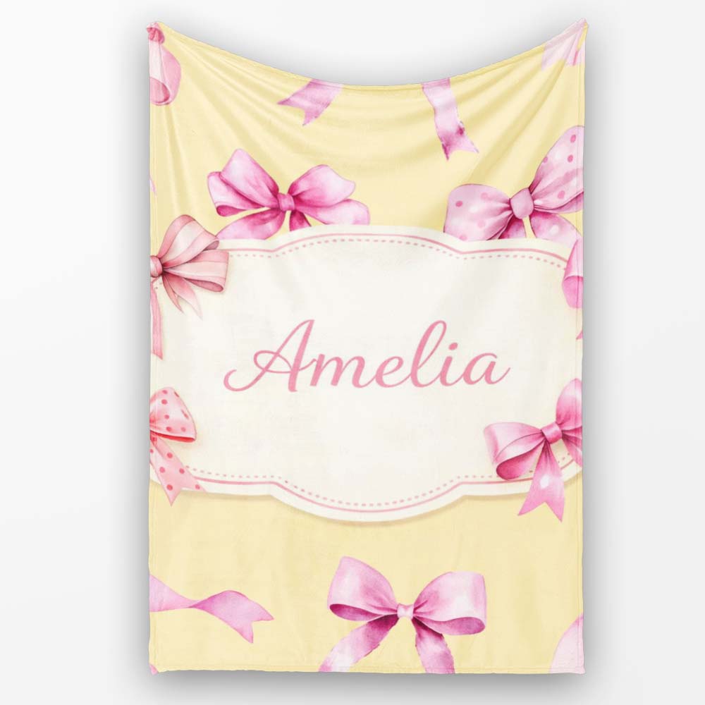 Watercolor Pink Ribbon Bow Seamless Pattern on Warm Yellow Lovely  Personalised Custom Name Super Soft Fleece Blanket Bed Sofa Throw