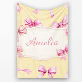 Watercolor Pink Ribbon Bow Seamless Pattern on Warm Yellow Lovely  Personalised Custom Name Super Soft Fleece Blanket Bed Sofa Throw
