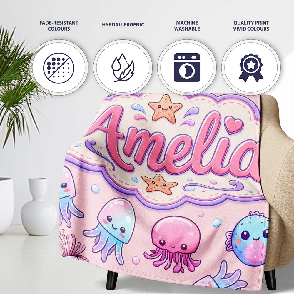 Kawaii Jellyfish Puffer Fish Starfish Pastel Ocean Creatures Pink  Personalised Custom Name Super Soft Fleece Blanket Bed Sofa Throw