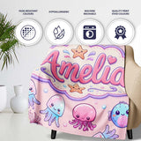 Kawaii Jellyfish Puffer Fish Starfish Pastel Ocean Creatures Pink  Personalised Custom Name Super Soft Fleece Blanket Bed Sofa Throw