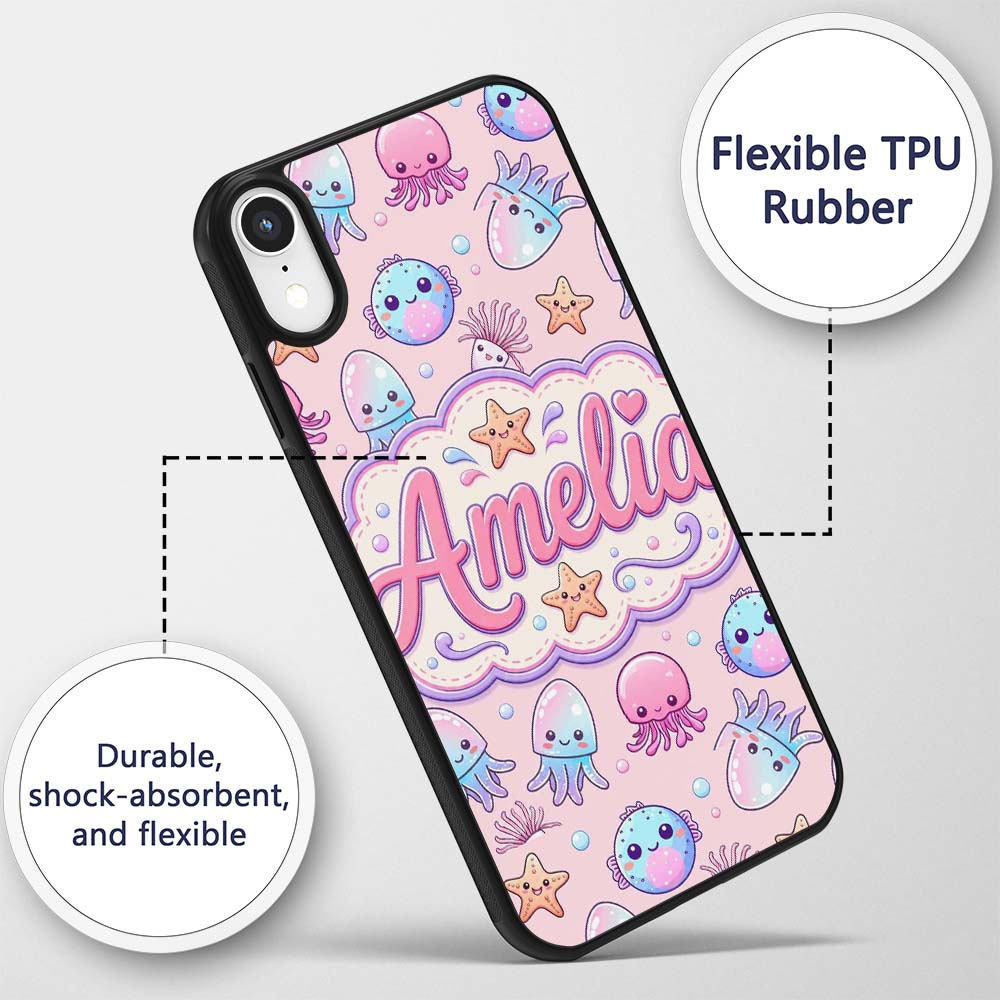 Kawaii Jellyfish Puffer Fish Starfish Pastel Custom Name Protective Phone Case Mobile Cover Durable Everyday Smartphone Shock Resistant