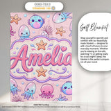 Kawaii Jellyfish Puffer Fish Starfish Pastel Ocean Creatures Pink  Personalised Custom Name Super Soft Fleece Blanket Bed Sofa Throw