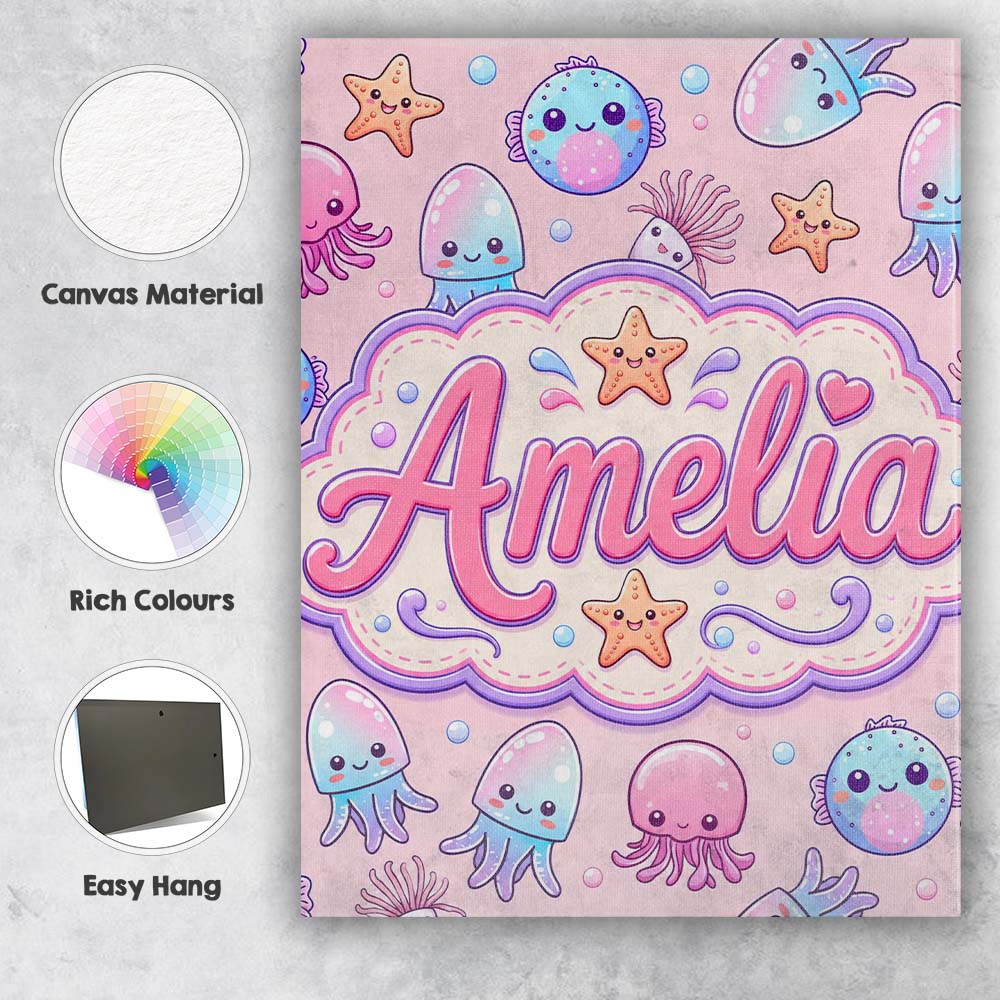 Personalised Name Kawaii Jellyfish Puffer Custom  Unique Gift Idea Elegant Feature Canvas Wall Art Print Decor Picture Ready to Hang
