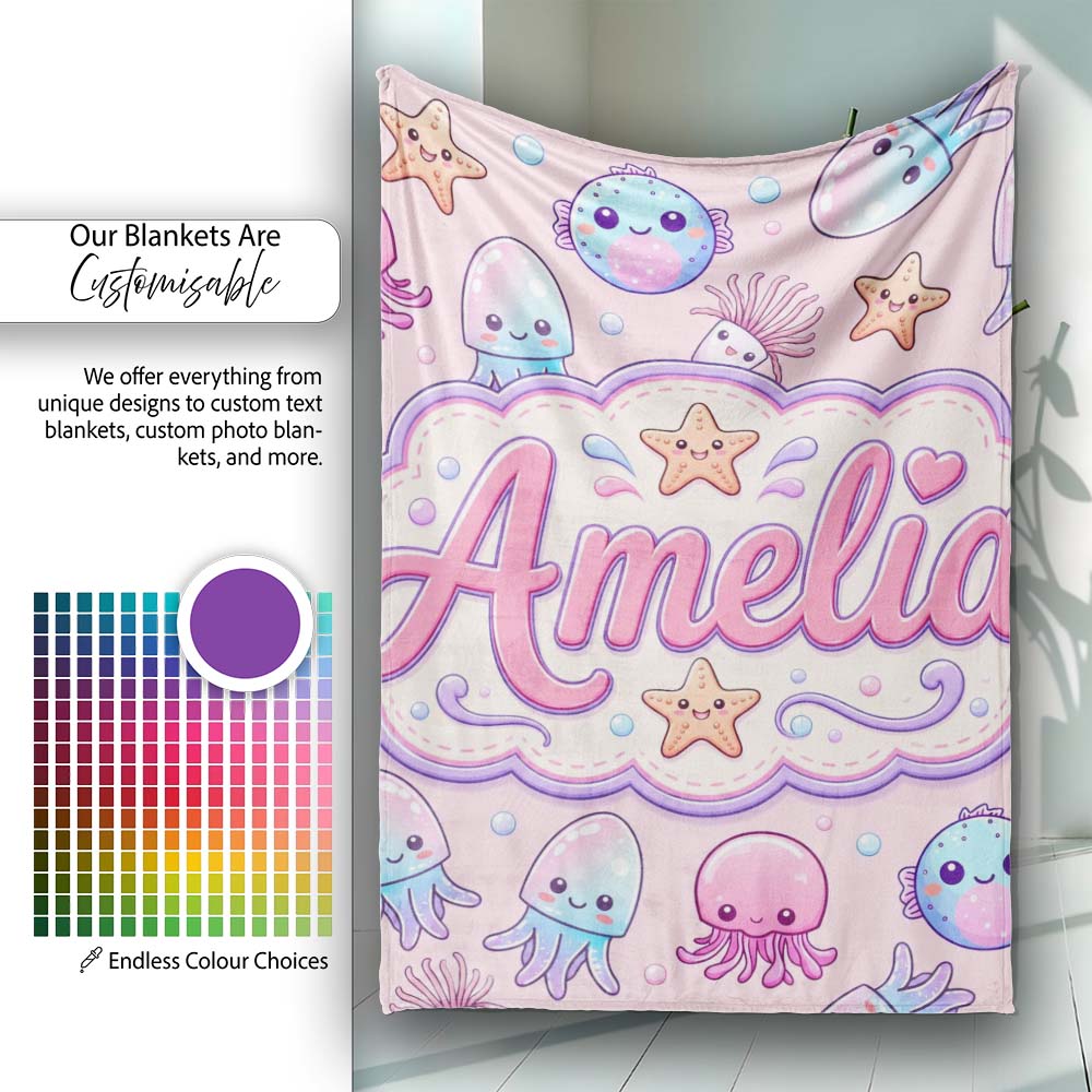 Kawaii Jellyfish Puffer Fish Starfish Pastel Ocean Creatures Pink  Personalised Custom Name Super Soft Fleece Blanket Bed Sofa Throw