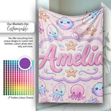 Kawaii Jellyfish Puffer Fish Starfish Pastel Ocean Creatures Pink  Personalised Custom Name Super Soft Fleece Blanket Bed Sofa Throw