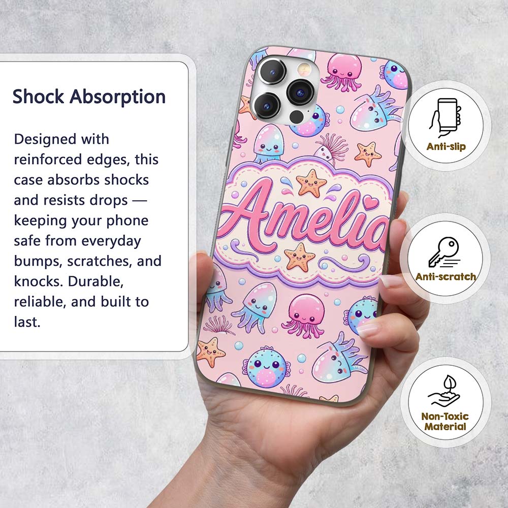 Kawaii Jellyfish Puffer Fish Starfish Pastel Custom Name Protective Phone Case Mobile Cover Durable Everyday Smartphone Shock Resistant
