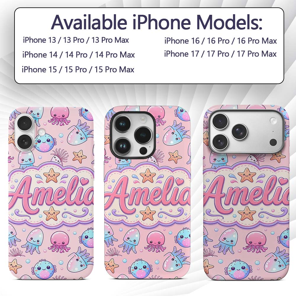 Kawaii Jellyfish Puffer Fish Starfish Pastel Custom Name Protective Phone Case Mobile Cover Durable Everyday Smartphone Shock Resistant