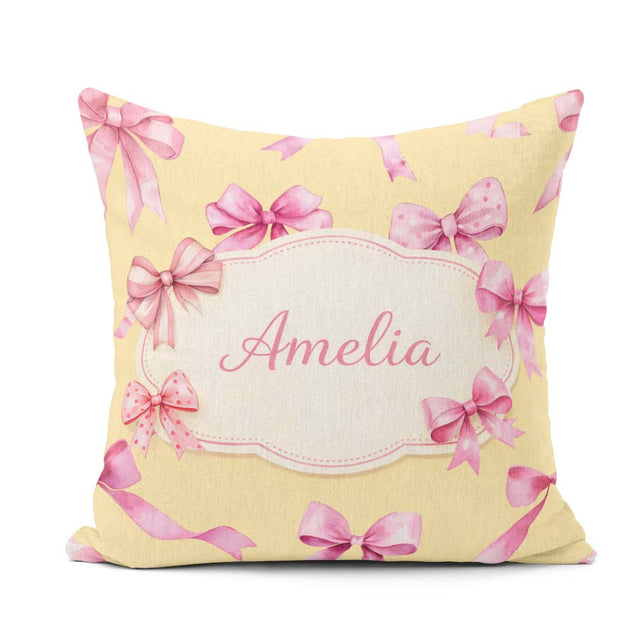 Custom Name Watercolor Pink Ribbon Bow Seamless Pattern on Warm Square Filled Cushion Throw Pillow Sofa Bed Home Decor Zip Washable UK Made