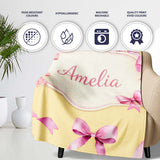 Watercolor Pink Ribbon Bow Seamless Pattern on Warm Yellow Lovely  Personalised Custom Name Super Soft Fleece Blanket Bed Sofa Throw