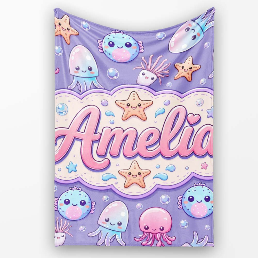 Jellyfish Puffer Fish Starfish Pastel Ocean Creatures Lavender  Personalised Custom Name Super Soft Fleece Blanket Bed Sofa Throw