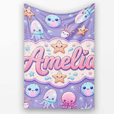 Jellyfish Puffer Fish Starfish Pastel Ocean Creatures Lavender  Personalised Custom Name Super Soft Fleece Blanket Bed Sofa Throw