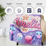 Jellyfish Puffer Fish Starfish Pastel Ocean Creatures Lavender  Personalised Custom Name Super Soft Fleece Blanket Bed Sofa Throw