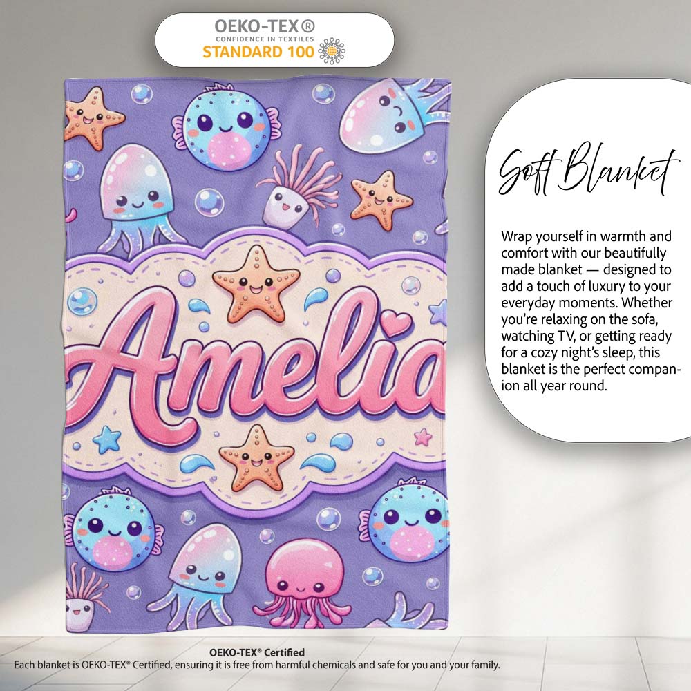 Jellyfish Puffer Fish Starfish Pastel Ocean Creatures Lavender  Personalised Custom Name Super Soft Fleece Blanket Bed Sofa Throw