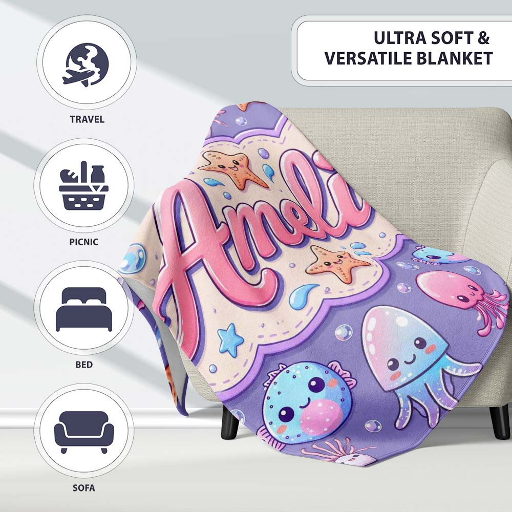 Jellyfish Puffer Fish Starfish Pastel Ocean Creatures Lavender  Personalised Custom Name Super Soft Fleece Blanket Bed Sofa Throw