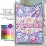 Jellyfish Puffer Fish Starfish Pastel Ocean Creatures Lavender  Personalised Custom Name Super Soft Fleece Blanket Bed Sofa Throw