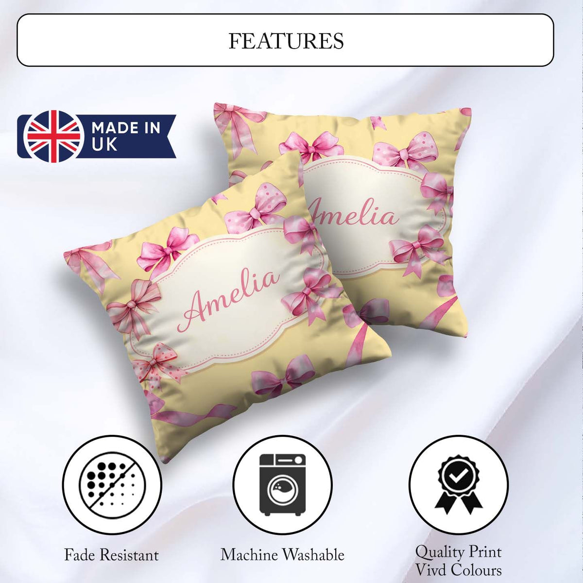 Custom Name Watercolor Pink Ribbon Bow Seamless Pattern on Warm Square Filled Cushion Throw Pillow Sofa Bed Home Decor Zip Washable UK Made