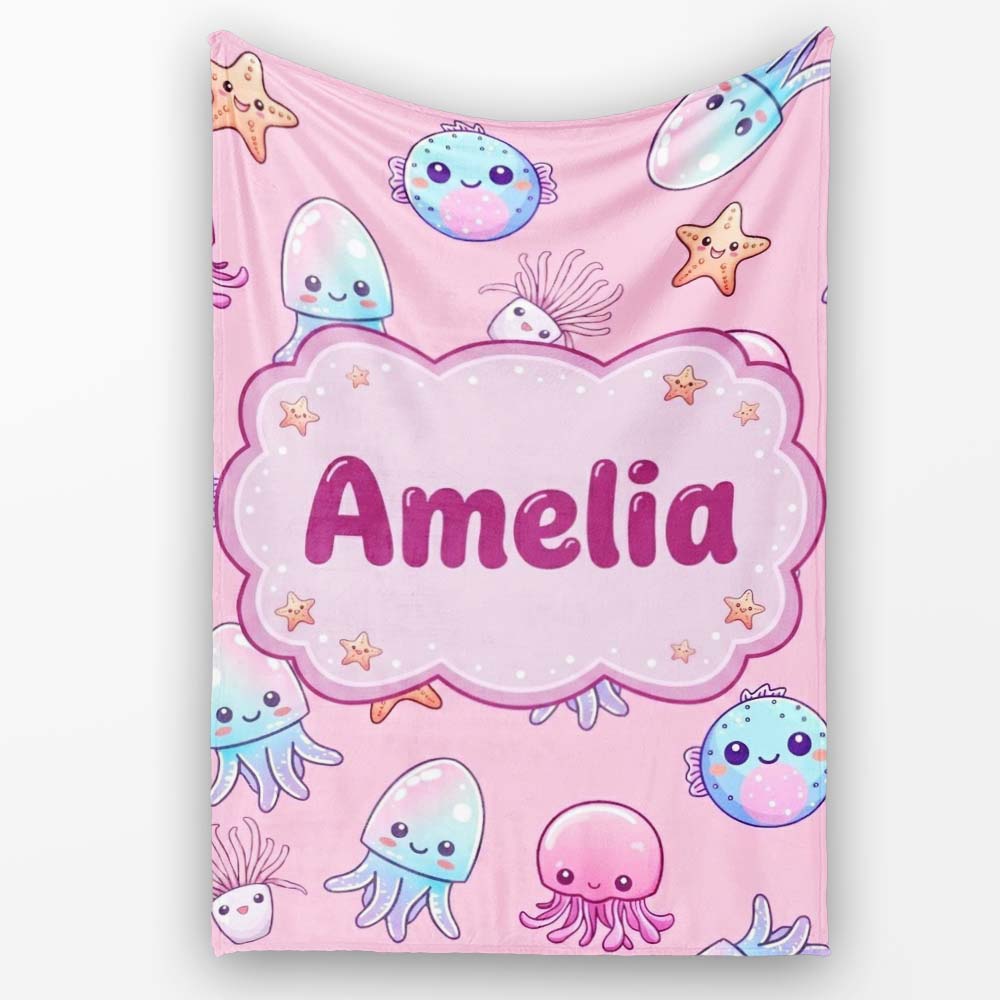 Kawaii Jellyfish Puffer Fish Starfish Pastel Ocean Creatures Rose  Personalised Custom Name Super Soft Fleece Blanket Bed Sofa Throw