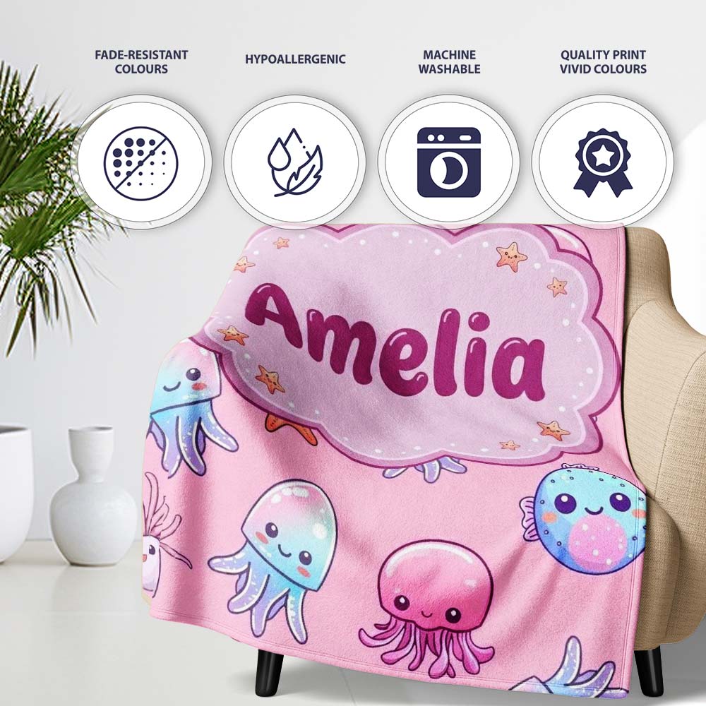 Kawaii Jellyfish Puffer Fish Starfish Pastel Ocean Creatures Rose  Personalised Custom Name Super Soft Fleece Blanket Bed Sofa Throw