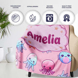 Kawaii Jellyfish Puffer Fish Starfish Pastel Ocean Creatures Rose  Personalised Custom Name Super Soft Fleece Blanket Bed Sofa Throw