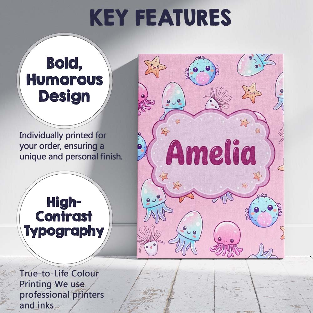 Personalised Name Kawaii Jellyfish Puffer Custom  Unique Gift Idea Elegant Feature Canvas Wall Art Print Decor Picture Ready to Hang