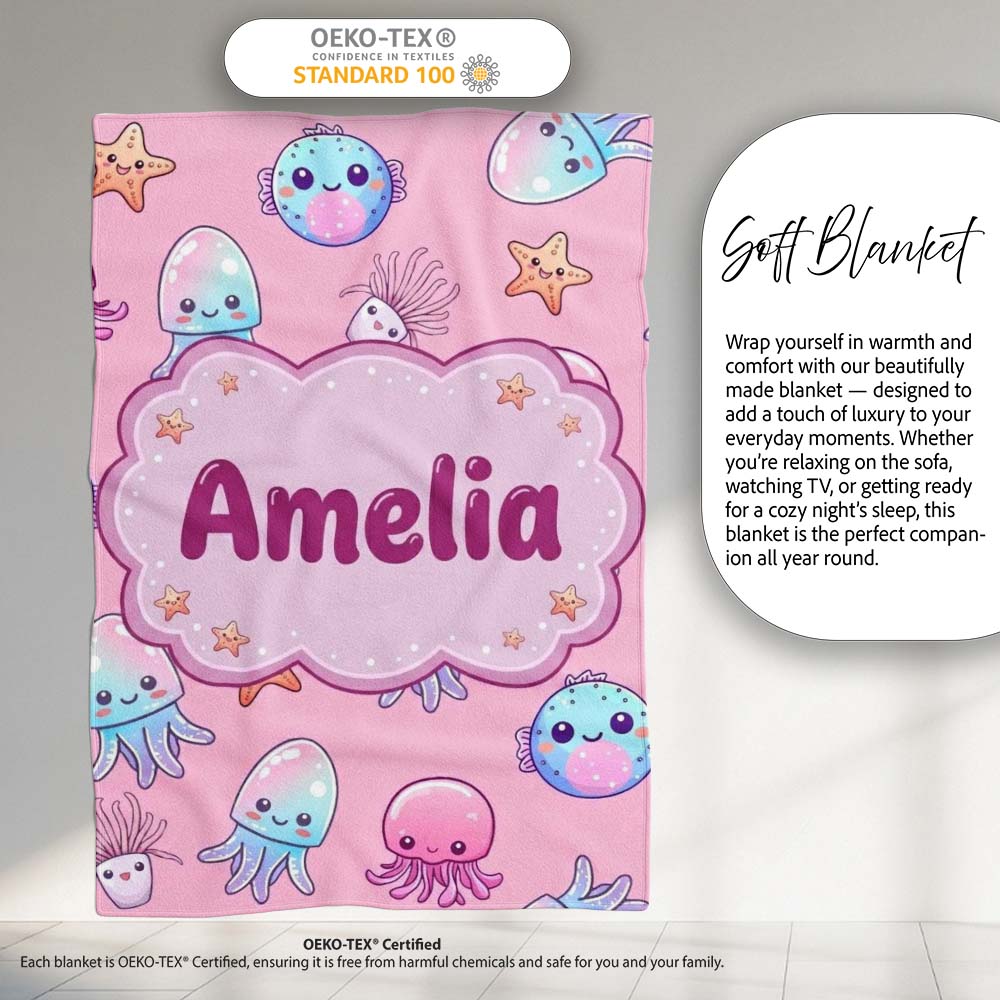 Kawaii Jellyfish Puffer Fish Starfish Pastel Ocean Creatures Rose  Personalised Custom Name Super Soft Fleece Blanket Bed Sofa Throw