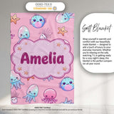 Kawaii Jellyfish Puffer Fish Starfish Pastel Ocean Creatures Rose  Personalised Custom Name Super Soft Fleece Blanket Bed Sofa Throw