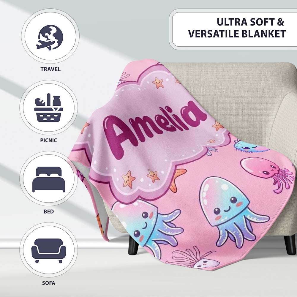 Kawaii Jellyfish Puffer Fish Starfish Pastel Ocean Creatures Rose  Personalised Custom Name Super Soft Fleece Blanket Bed Sofa Throw