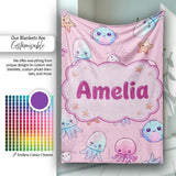 Kawaii Jellyfish Puffer Fish Starfish Pastel Ocean Creatures Rose  Personalised Custom Name Super Soft Fleece Blanket Bed Sofa Throw
