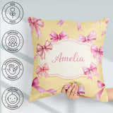 Custom Name Watercolor Pink Ribbon Bow Seamless Pattern on Warm Square Filled Cushion Throw Pillow Sofa Bed Home Decor Zip Washable UK Made