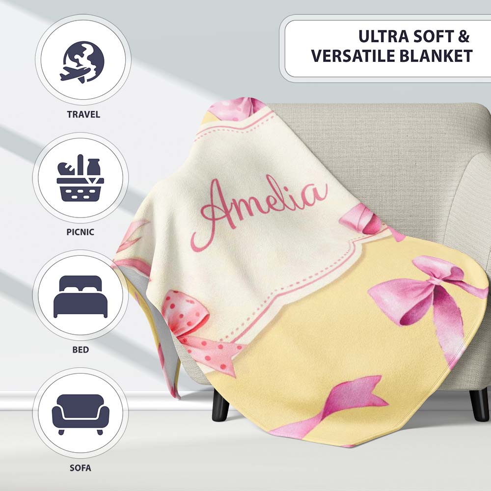 Watercolor Pink Ribbon Bow Seamless Pattern on Warm Yellow Lovely  Personalised Custom Name Super Soft Fleece Blanket Bed Sofa Throw