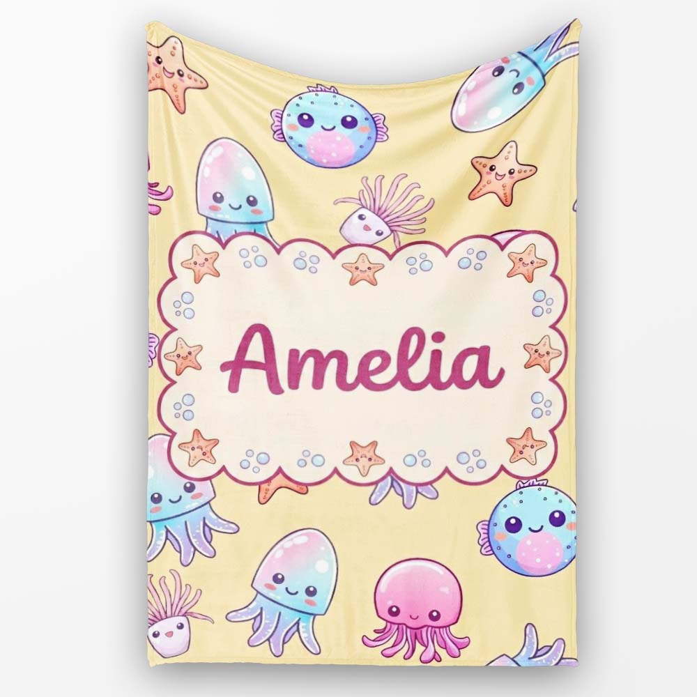 Kawaii Jellyfish Puffer Fish Starfish Pastel Ocean Creatures Yellow  Personalised Custom Name Super Soft Fleece Blanket Bed Sofa Throw