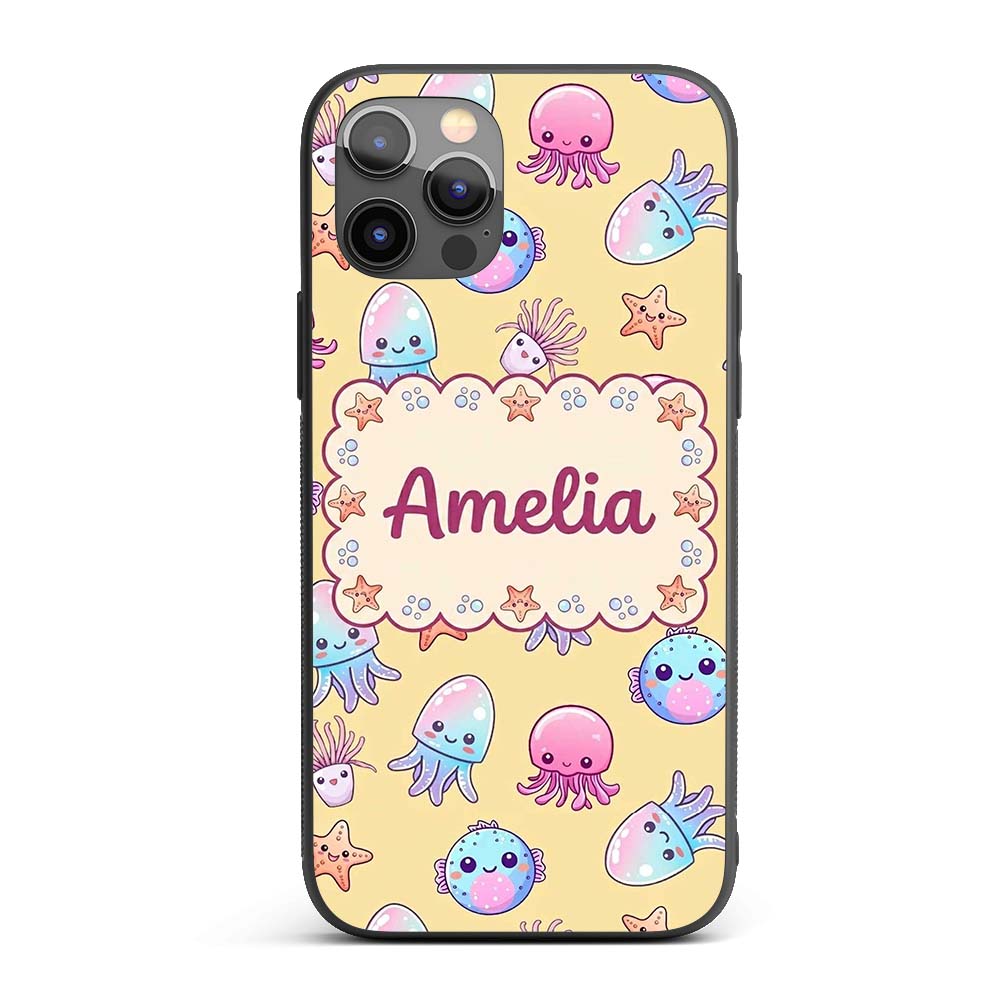Kawaii Jellyfish Puffer Fish Starfish Pastel Custom Name Protective Phone Case Mobile Cover Durable Everyday Smartphone Shock Resistant