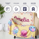 Kawaii Jellyfish Puffer Fish Starfish Pastel Ocean Creatures Yellow  Personalised Custom Name Super Soft Fleece Blanket Bed Sofa Throw