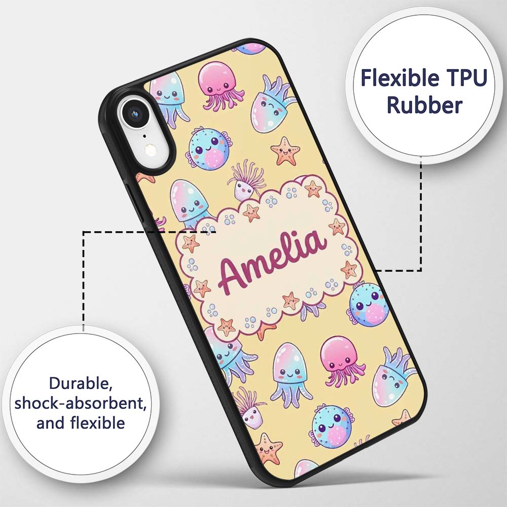 Kawaii Jellyfish Puffer Fish Starfish Pastel Custom Name Protective Phone Case Mobile Cover Durable Everyday Smartphone Shock Resistant