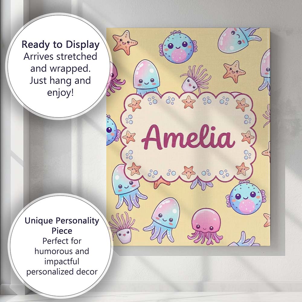 Personalised Name Kawaii Jellyfish Puffer Custom  Unique Gift Idea Elegant Feature Canvas Wall Art Print Decor Picture Ready to Hang