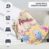 Kawaii Jellyfish Puffer Fish Starfish Pastel Ocean Creatures Yellow  Personalised Custom Name Super Soft Fleece Blanket Bed Sofa Throw