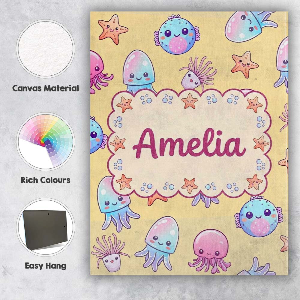 Personalised Name Kawaii Jellyfish Puffer Custom  Unique Gift Idea Elegant Feature Canvas Wall Art Print Decor Picture Ready to Hang