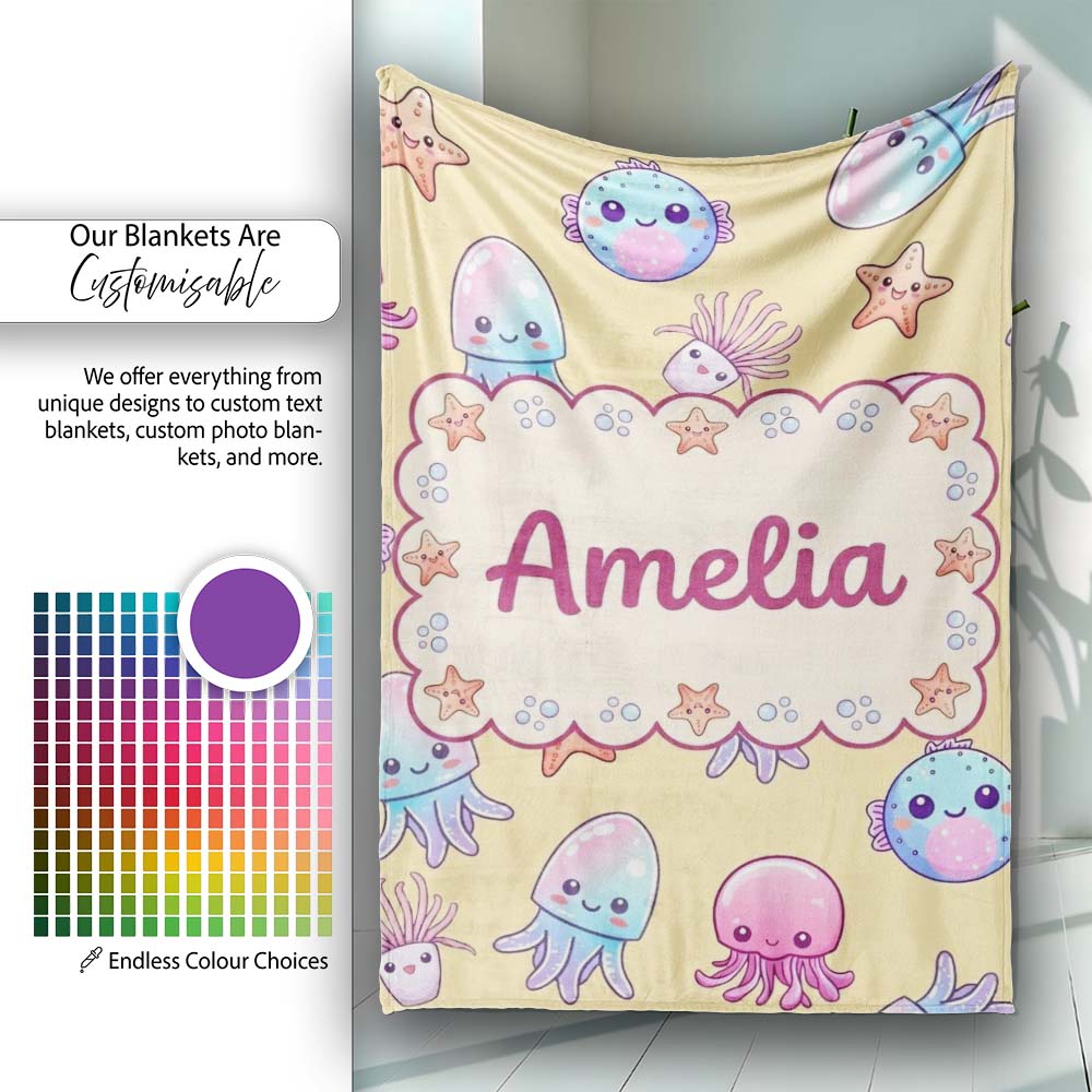 Kawaii Jellyfish Puffer Fish Starfish Pastel Ocean Creatures Yellow  Personalised Custom Name Super Soft Fleece Blanket Bed Sofa Throw