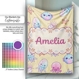 Kawaii Jellyfish Puffer Fish Starfish Pastel Ocean Creatures Yellow  Personalised Custom Name Super Soft Fleece Blanket Bed Sofa Throw