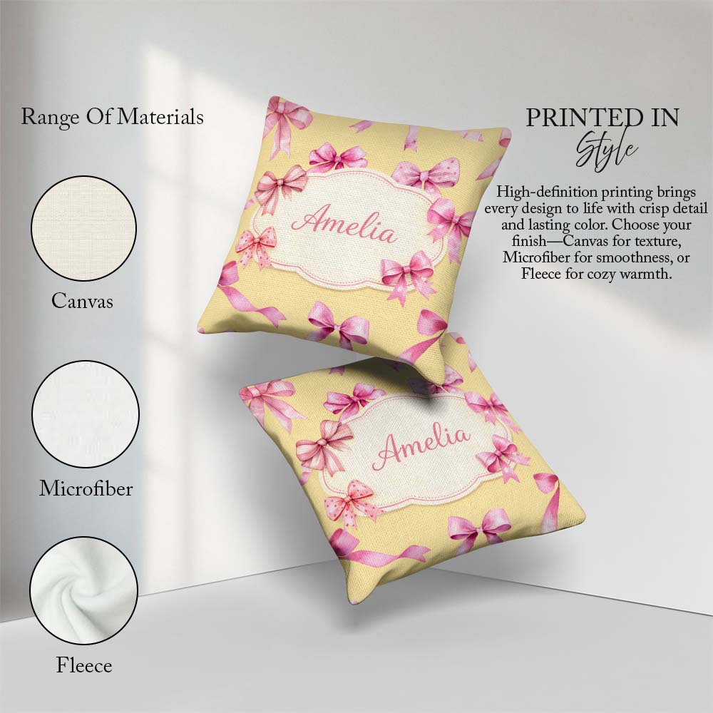 Custom Name Watercolor Pink Ribbon Bow Seamless Pattern on Warm Square Filled Cushion Throw Pillow Sofa Bed Home Decor Zip Washable UK Made