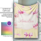 Watercolor Pink Ribbon Bow Seamless Pattern on Warm Yellow Lovely  Personalised Custom Name Super Soft Fleece Blanket Bed Sofa Throw