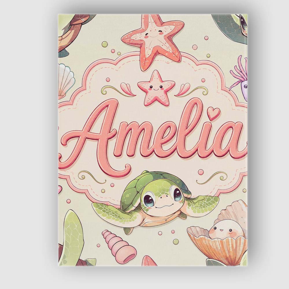Personalised Name Cute Kawaii Sea Turtle Custom  Unique Gift Idea Elegant Feature Canvas Wall Art Print Decor Picture Ready to Hang