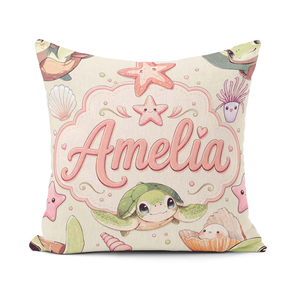 Custom Name Cute Kawaii Sea Turtle Starfish Shells Ocean Friends Square Filled Cushion Throw Pillow Sofa Bed Home Decor Zip Washable UK Made