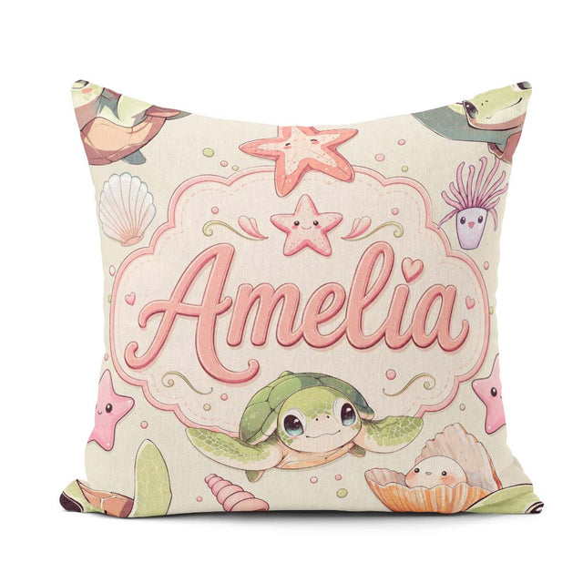 Custom Name Cute Kawaii Sea Turtle Starfish Shells Ocean Friends Square Filled Cushion Throw Pillow Sofa Bed Home Decor Zip Washable UK Made